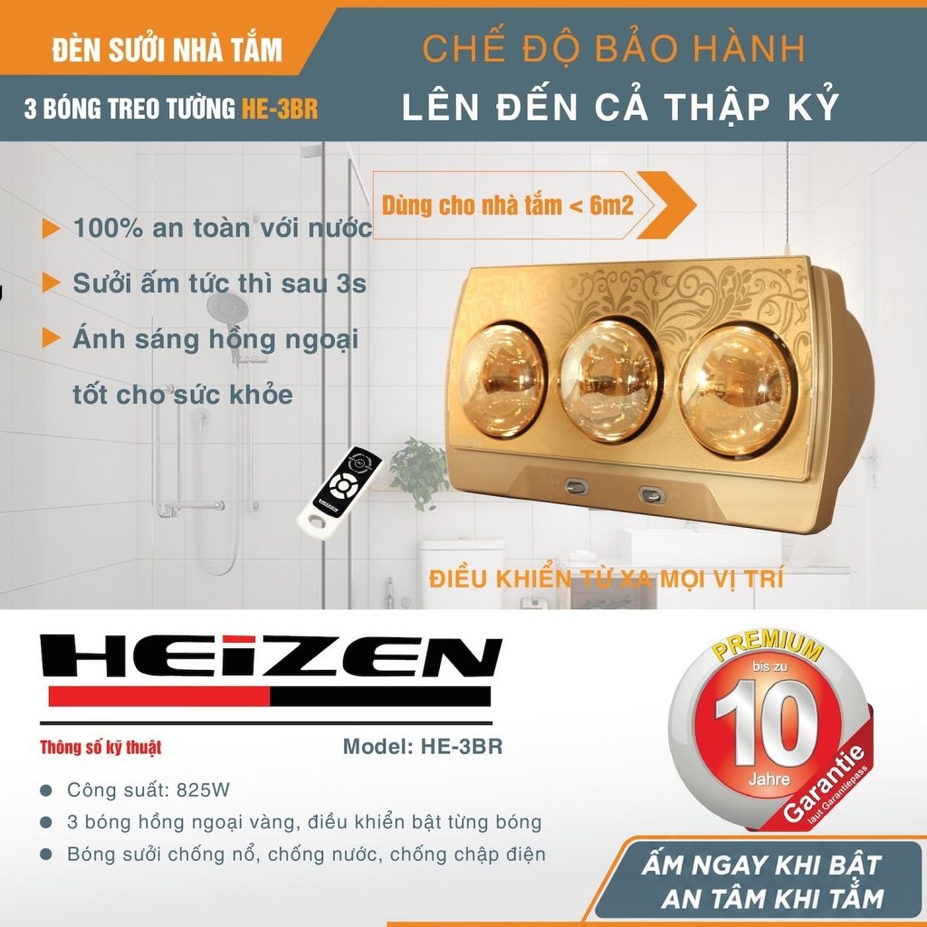 Đèn sưởi 3 bóng treo tường Heizen có điều khiển từ xa