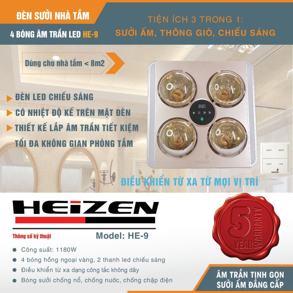 Đèn sưởi 4 bóng âm trần Heizen HE9